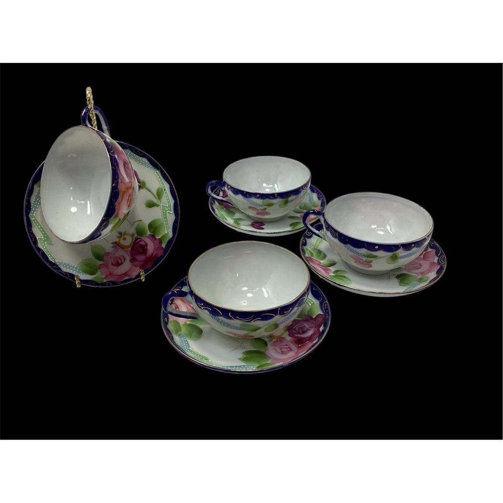 Antique Nippon Te Oh Handpainted Florals Cobalt Blue (4) Teacups And Saucers